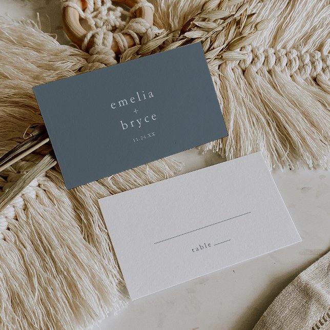 Cartão de Localidade Minimalista Azul-Flat EMELIA (EMELIA Flat Blue Minimalist Wedding Place Card)
