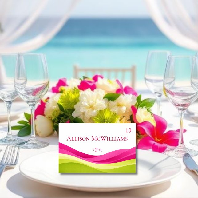 Cartão de Localização de Casamento Fuchsia e Verde (Fuchsia and Lime Green Wedding Place Card-Meal Icons-Fish)