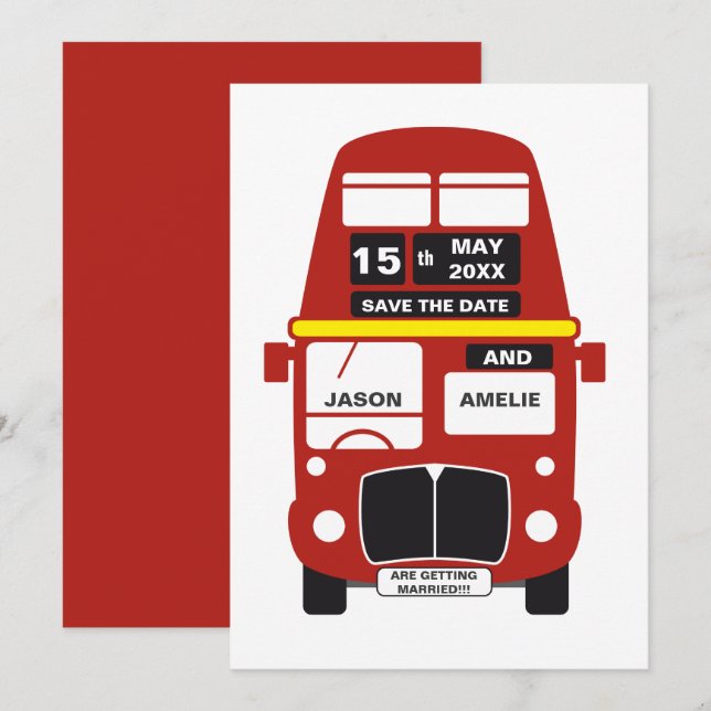 cartão de Londres Bus Save the Date vermelho (Frente/Verso)