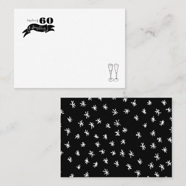 Cartão De Lugar 60 e Espumante Preto e Branco desenhado à Mão (Frente/Verso)