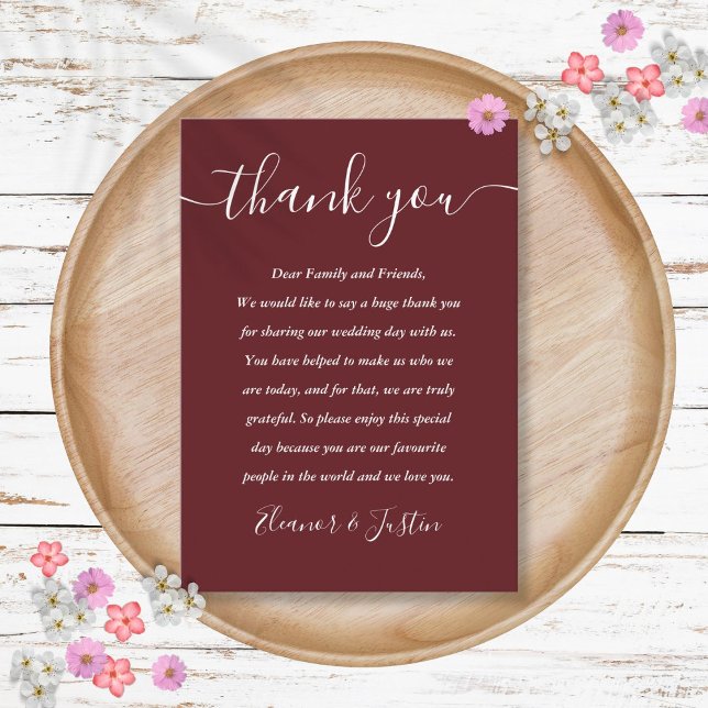 Cartão De Lugar Agradecimento de casamento elegante em rosa rosewo (Rosewood Pink Elegant Script Wedding Thank You Place Card)