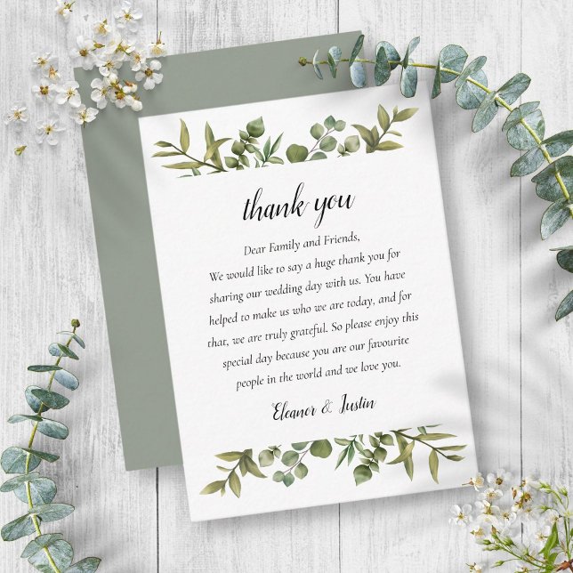 Cartão De Lugar Agradecimento de Casamento Folhagem de Eucalipto F (Woodland Eucalyptus Greenery Wedding Thank You Place Card)