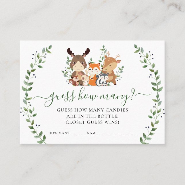 Cartão De Lugar Animais Da Floresta Adivinham Quantos Jogo De Chá  (Frente)