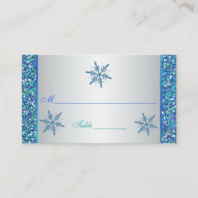 Cartão De Lugar Aqua Green Silver Snowflakes Quinceanera Placecard (Frente)