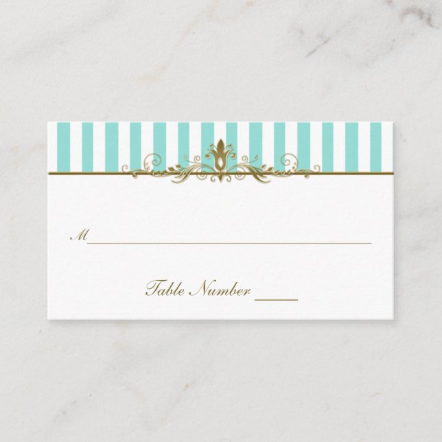 Cartão De Lugar Aqua, Stripes Brancas com Placecard de Rolos Doura (Frente)