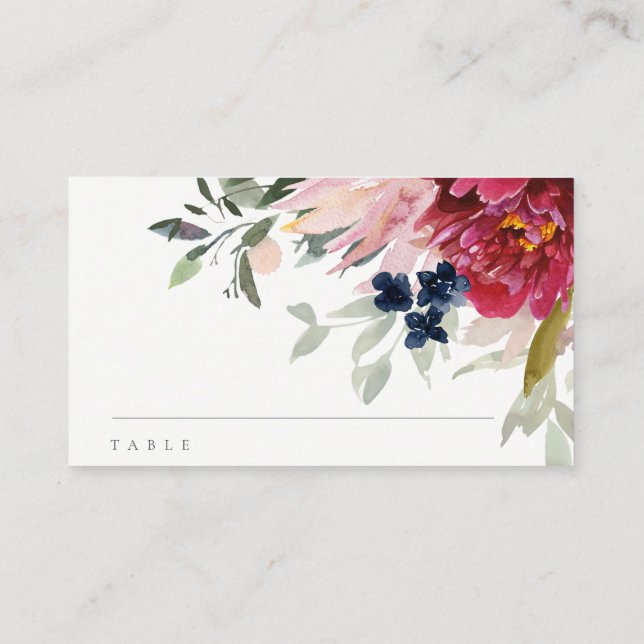 Cartão De Lugar Batismo Floral Dourado Azul com Borgonha Vermelha  (Verso)