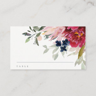 Cartão De Lugar Batismo Floral Dourado Azul com Borgonha Vermelha