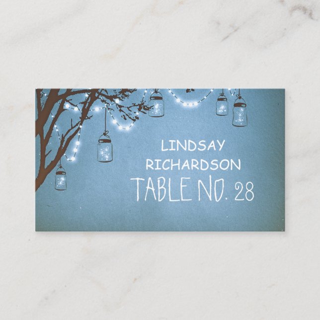Cartão De Lugar Blue Mason Jar Fireflies String Lights Escort (Frente)