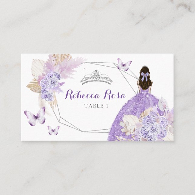 Cartão De Lugar Boho Silver Lilac Borboleta Floral Quinceañera (Frente)