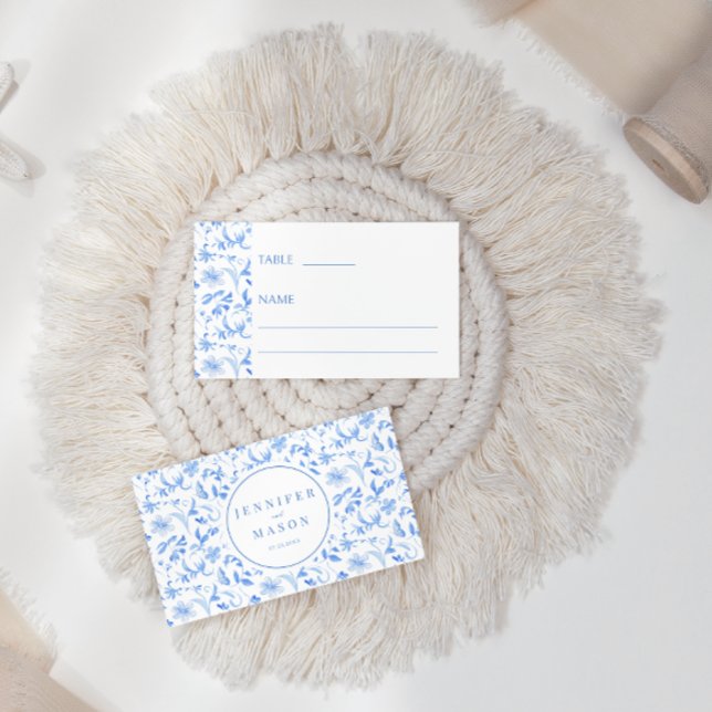 Cartão De Lugar Bolsa de Porcelana Azul para Casamento Foliar (Criador carregado)
