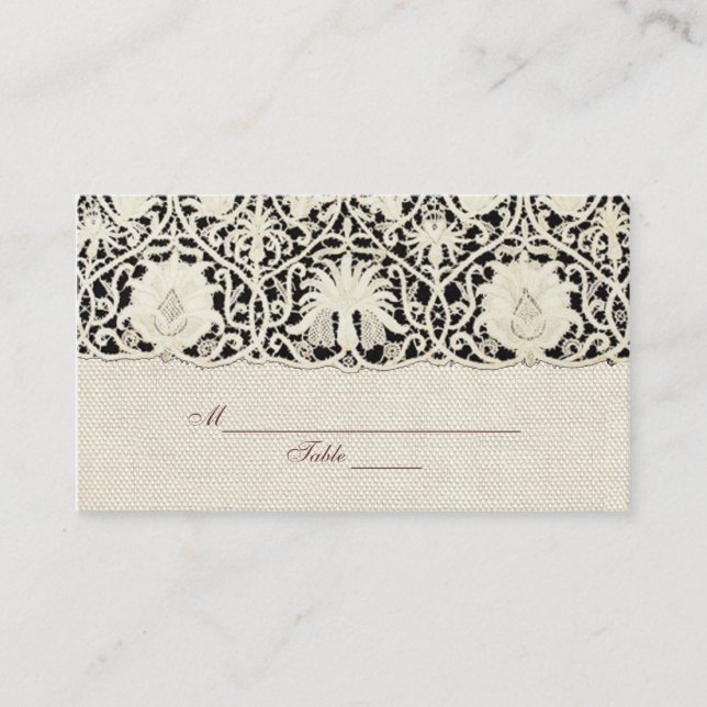 Cartão De Lugar Bonito Linen White Lace Antique de Casamento  (Frente)