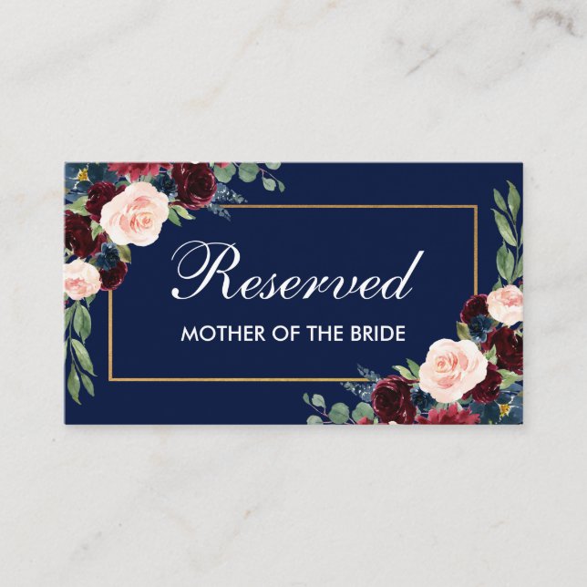 Cartão De Lugar Burgundy Blue Floral Dourado Casamento Reservado (Frente)