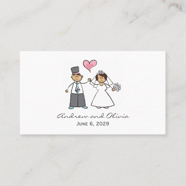 Cartão De Lugar Cartoon Wedding Casal Bride & Groom Pink Heart (Frente)