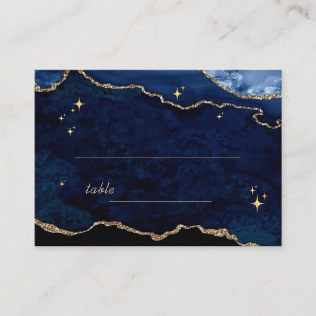Cartão De Lugar Casamento Azul Celestial Temperamental Dourado  (Frente)