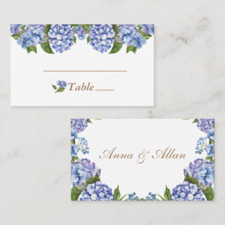Cartão De Lugar Casamento Branco Floral de Hydrangea Azul Elegante