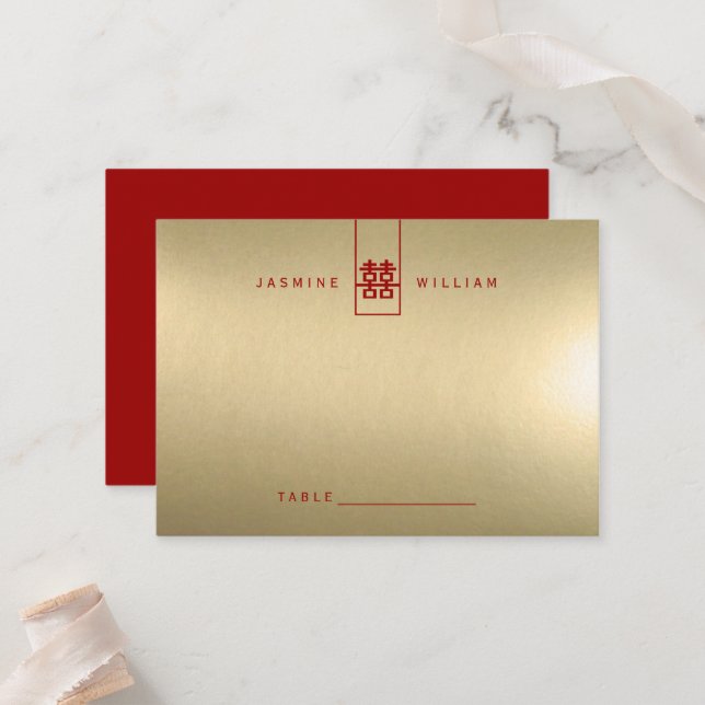 Cartão De Lugar Casamento Chinês de Dupla Felicidade Retangular (Frente/Verso In Situ)
