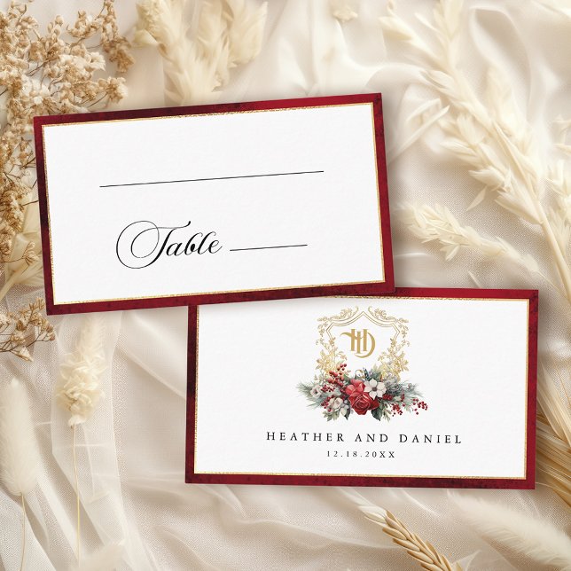 Cartão De Lugar Casamento Clássico de Crest Floral Monograma (Criador carregado)
