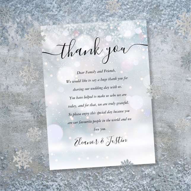 Cartão De Lugar Casamento com Flocos de Neve do inverno Obrigado (Winter Snowflakes Script Wedding Thank You Place Card)