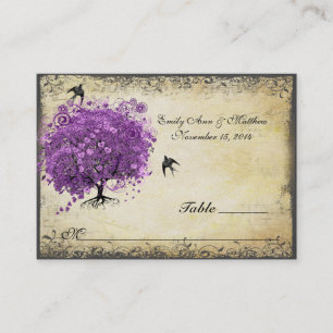 Cartão De Lugar Casamento com folhas de folhas de coração roxo r