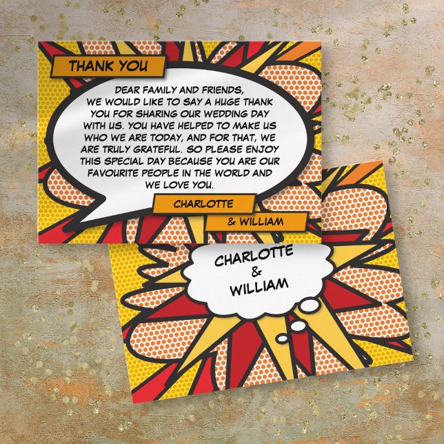 Cartão De Lugar Casamento com o Livro Quântico Moderno - Obrigado (Modern Fun Comic Book Wedding Thank You Place Card)