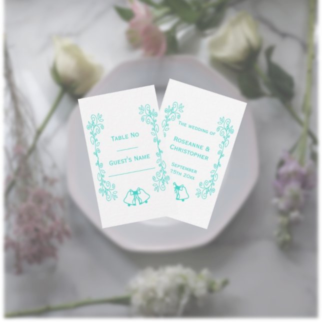 Cartão De Lugar Casamento de Design de Carris de Peruca (Turquoise wedding place setting card bells and scrollwork design)