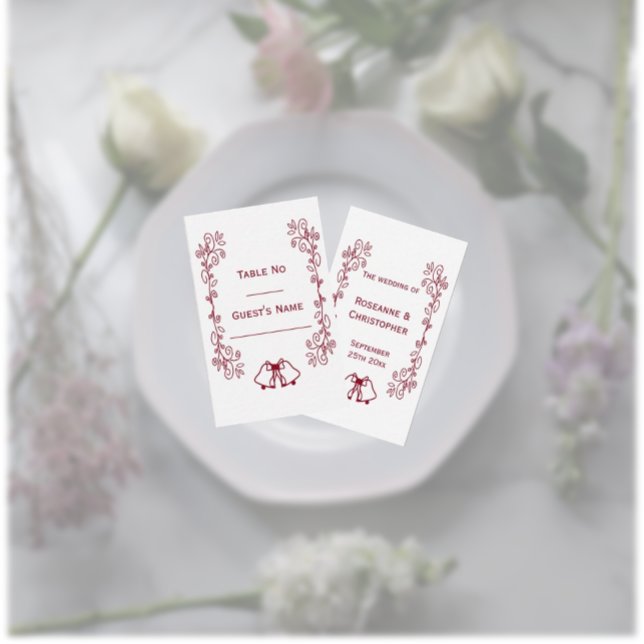 Cartão De Lugar Casamento de Design de Cartazes de Rolagem Burgund (Burgundy wedding reception dinner place cards bells and scrollwork design)