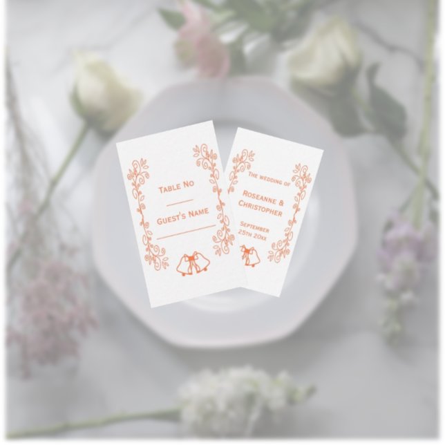 Cartão De Lugar Casamento de Design de Coral Bells (Coral wedding place setting card bells and scrollwork design)