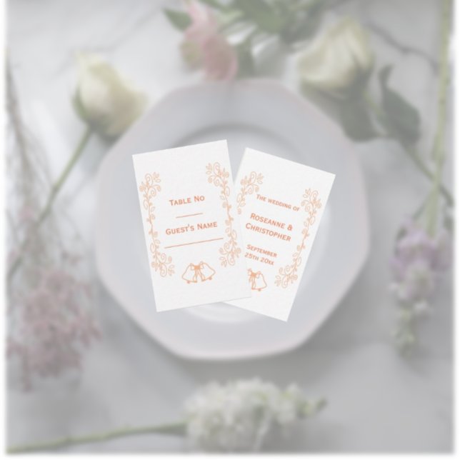 Cartão De Lugar Casamento de Design de Corda de Peach Bells (Peach wedding place setting card bells and scrollwork design)