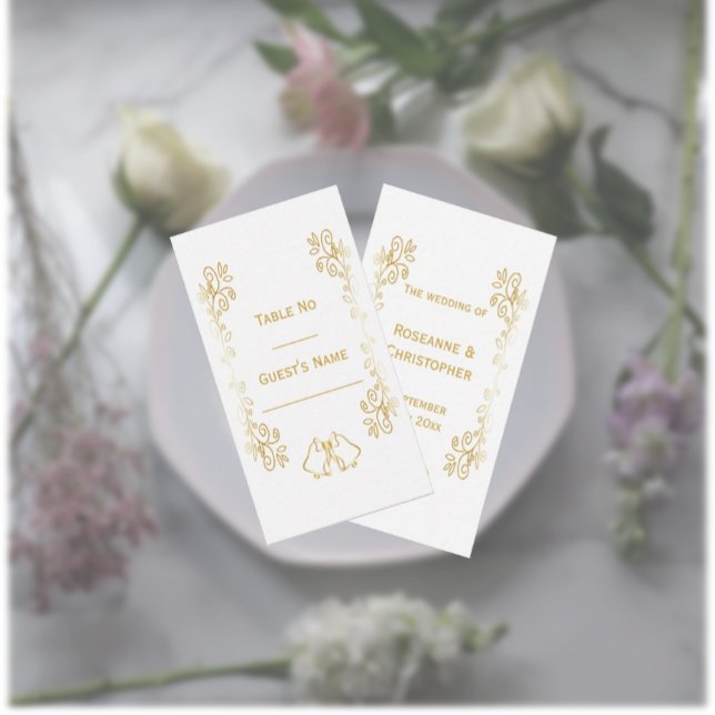 Cartão De Lugar Casamento de Design de Corda Dourada com Bells (Gold wedding place setting card bells and scrollwork design)