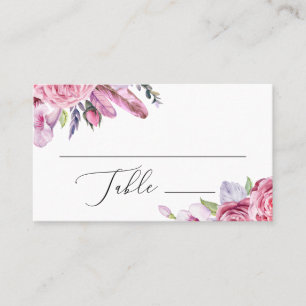Cartão De Lugar Casamento de flores e penas cor-de-rosa
