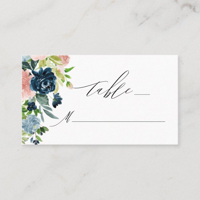 Cartão De Lugar Casamento de Monograma de Script Floral Azul-Rosa  (Frente)