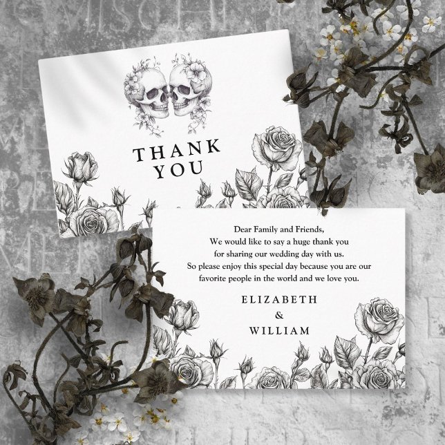 Cartão De Lugar Casamento de Skulls Floral Gótica Obrigado (Gothic Floral Skulls Wedding Thank You Place Card)