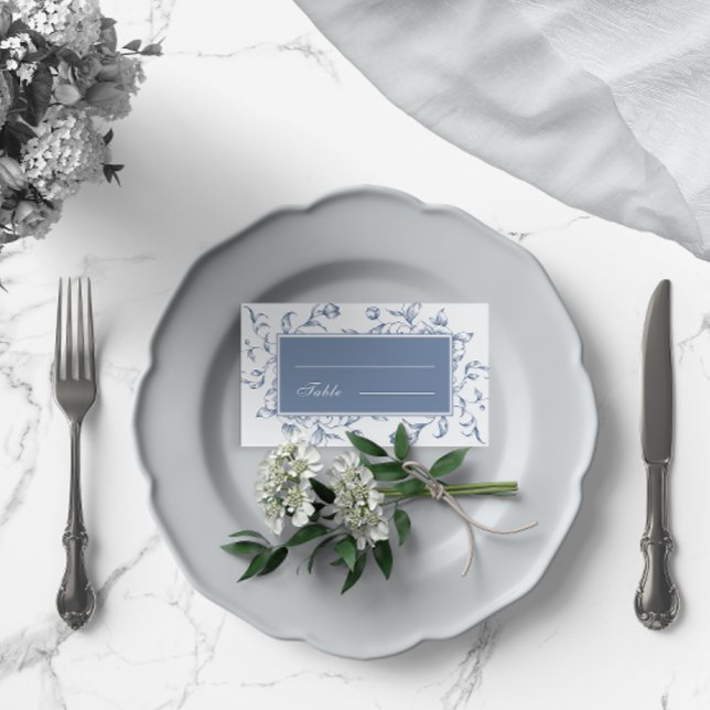 Cartão De Lugar Casamento Elegante Azul-Dusty Floral (Criador carregado)