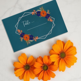 Cartão De Lugar Casamento Floral Azul de Marinho Laranja de Outono