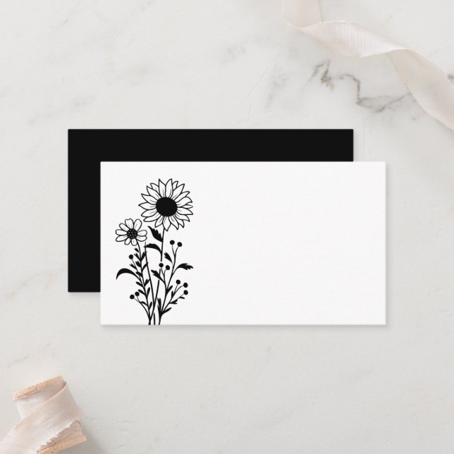 Cartão De Lugar Casamento Floral Branco-Negro Mínimo (Frente/Verso In Situ)