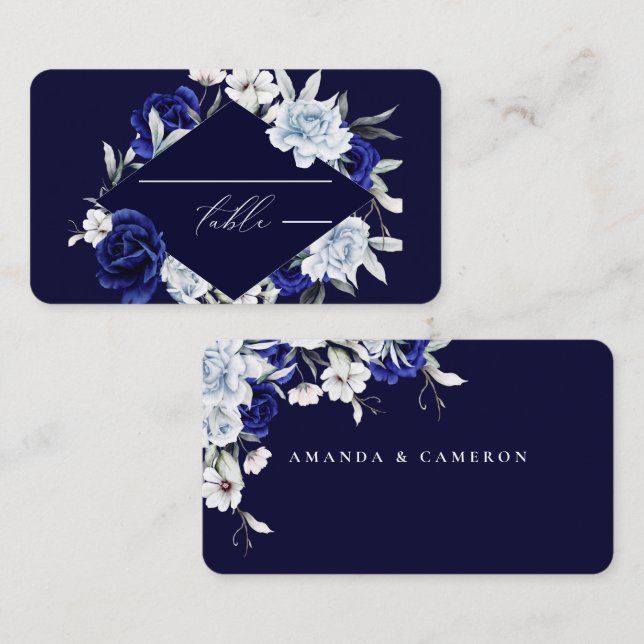 Cartão De Lugar Casamento Floral de Marinho Azul Elegante (Frente/Verso)