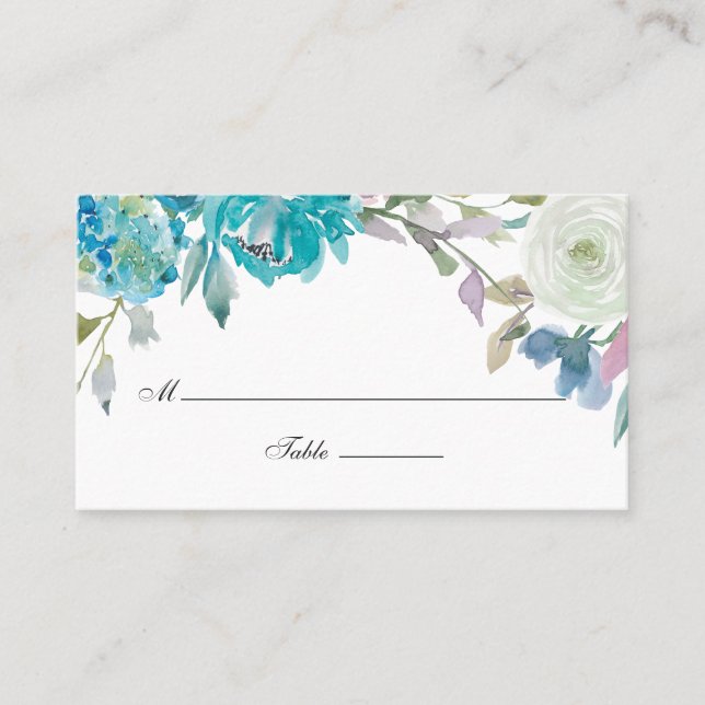 Cartão De Lugar Casamento Floral Dusty Blue e Turquoise (Frente)