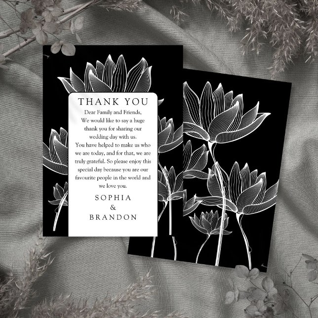 Cartão De Lugar Casamento Floral Negro E Branco Obrigado (Black And White Floral Wedding Thank You Place Card)