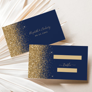 Cartão De Lugar Casamento Moderno com Brilho Dourado na Borda Azul