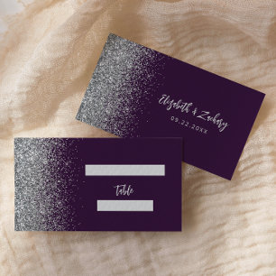 Cartão De Lugar Casamento Moderno com Brilho Prateado Roxo