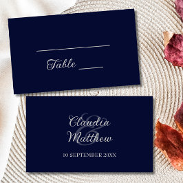 Cartão De Lugar Casamento Moderno em Azul Naval e Letra Prata