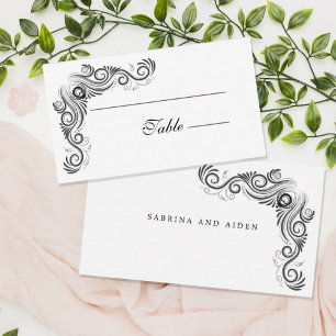 Cartão De Lugar Casamento Monograma Preto Vintage Flourish