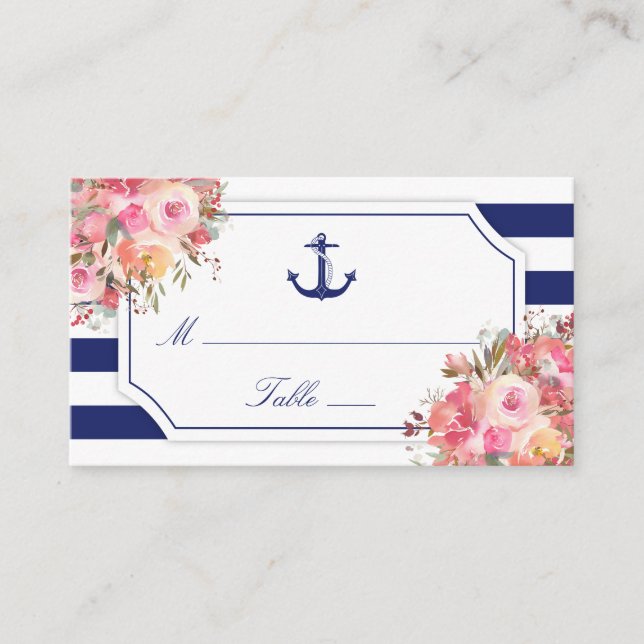 Cartão De Lugar Casamento Náutico Anchor Floral Blue Stripe (Frente)