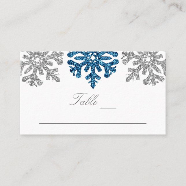 Cartão De Lugar Casamento no inverno Silver Blue Snowflakes (Frente)