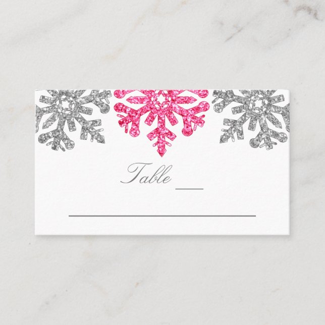 Cartão De Lugar Casamento no inverno Silver Pink Snowflakes (Frente)