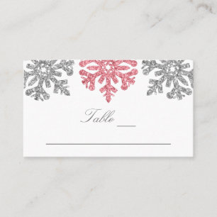 Cartão De Lugar Casamento no inverno Silver Pink Snowflakes