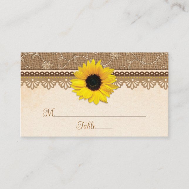 Cartão De Lugar Casamento Rustic Burlap Lace Wood Sunflower (Frente)