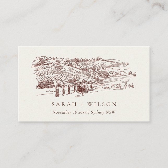 Cartão De Lugar Casamento Rustic Rust Brown Winery Mountain Sketch (Frente)