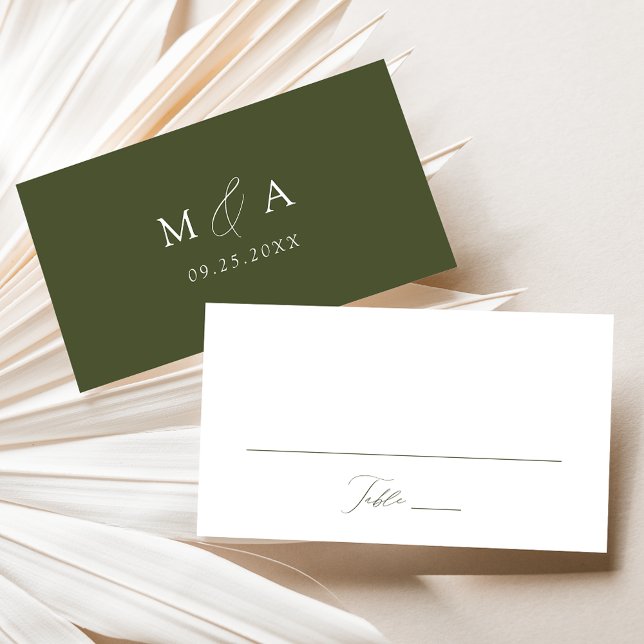 Cartão De Lugar Casamento Verde-Oliva com Script Elegante Moderno (Criador carregado)