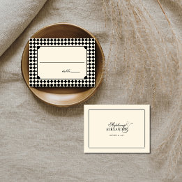 Cartão De Lugar Casamento Vintage Preto Xadrez Dinheiro Antigo